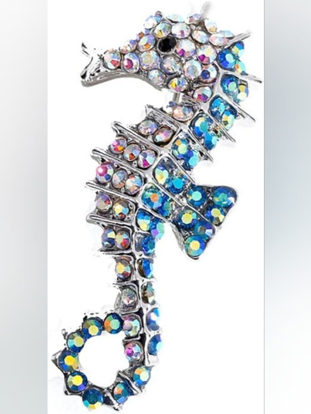 8/4 Live Show Seahorse Crystal Rhinestone Brooch in Iridescent Blue & Clear
